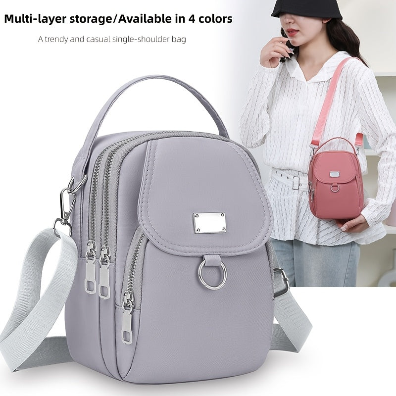 Mini Crossbody Bag for Women in Nylon with Multiple Zipper Compartments, Front Pocket and Detachable Adjustable Strap, Four Colors for Casual Outings