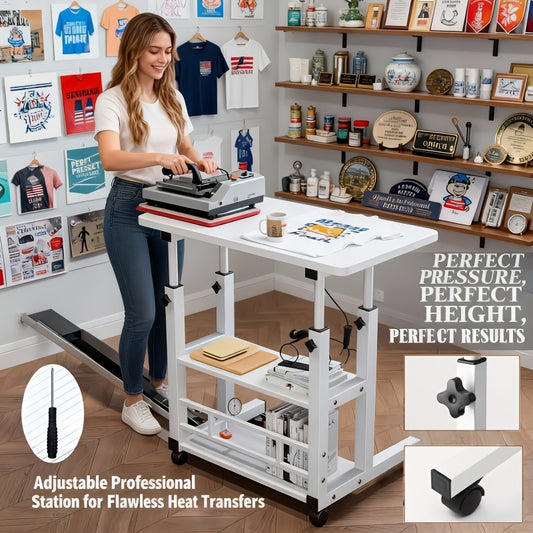 Adjustable Height Heat Press Stand for Craft Storage, Single-Layer Basic or Upgraded Three-Layer Workbench with Wheels in Black or White