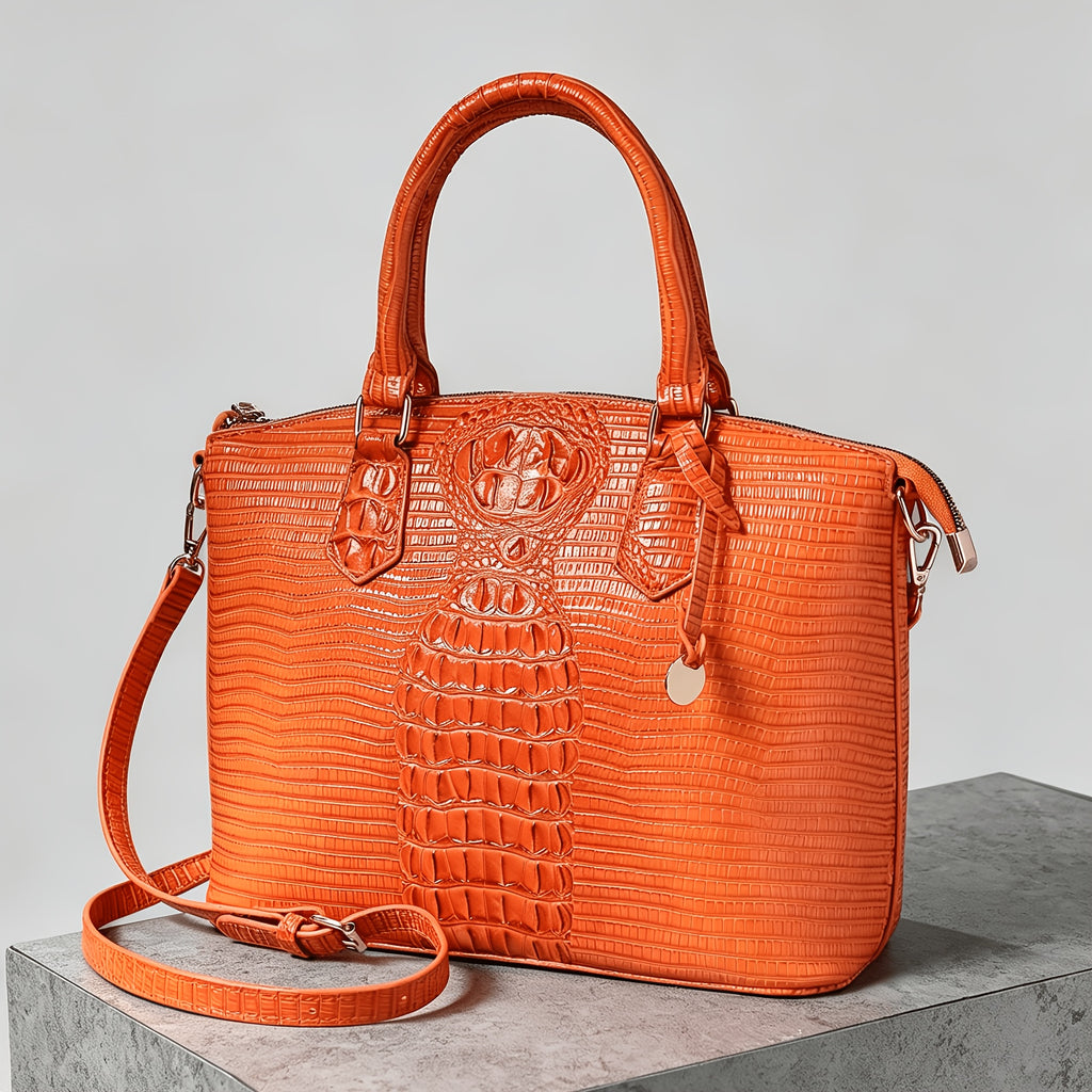 Crocodile-Design Work Handbag for Women with Detachable Shoulder Strap and Zipper Closure, Spacious Crossbody-Style Purse for Office and Everyday Wear