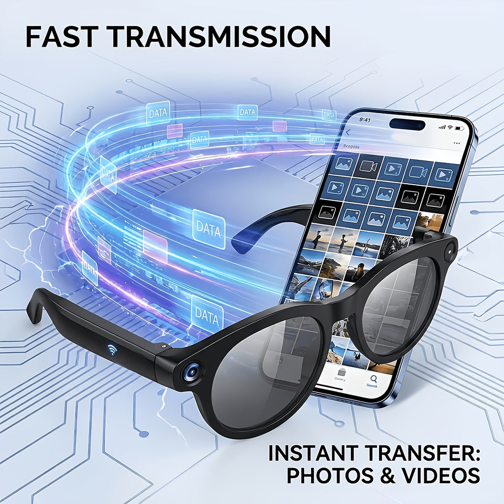 AI Camera Glasses in Black with Photochromic Lens Option, Listed 8MP Camera, 320mAh Battery, Touch-Control Audio, Calls and Translation for Travel and Work