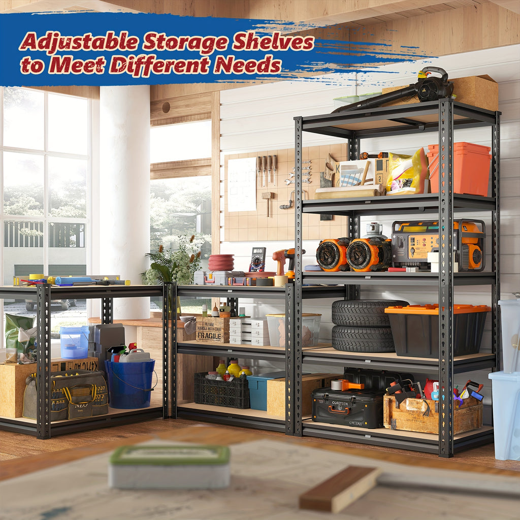 Adjustable Storage Shelving by REIBII with Five Wood-Board Tiers and Black Metal Frame, Garage and Pantry Organizer with Height and Two-Piece Pack Options