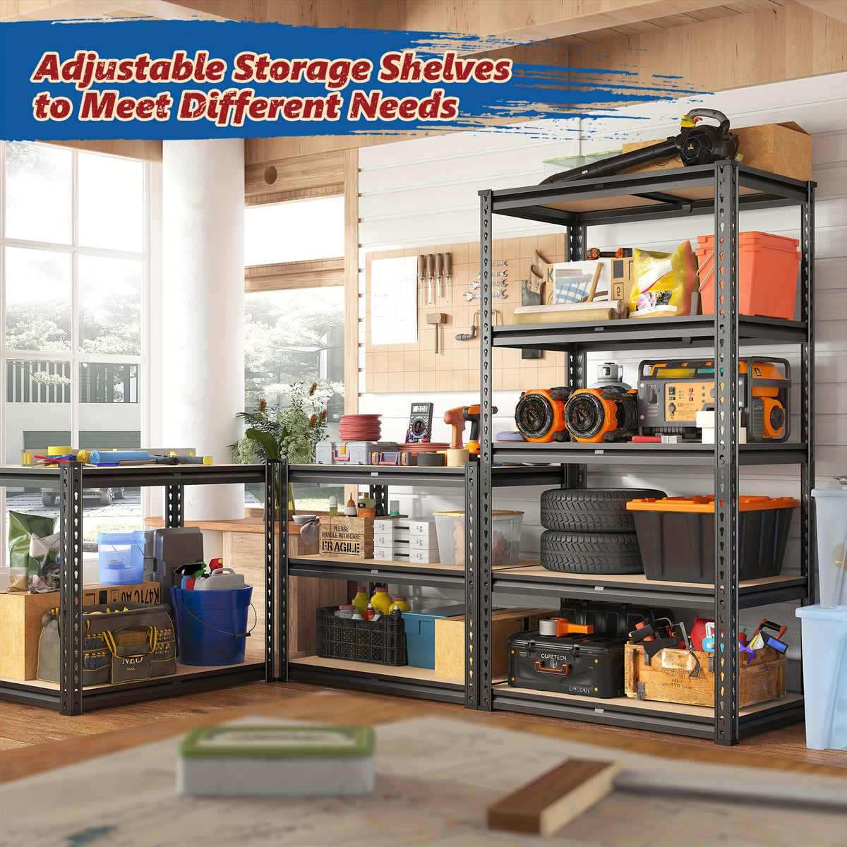 Adjustable Storage Shelving by REIBII with Five Wood-Board Tiers and Black Metal Frame, Garage and Pantry Organizer with Height and Two-Piece Pack Options
