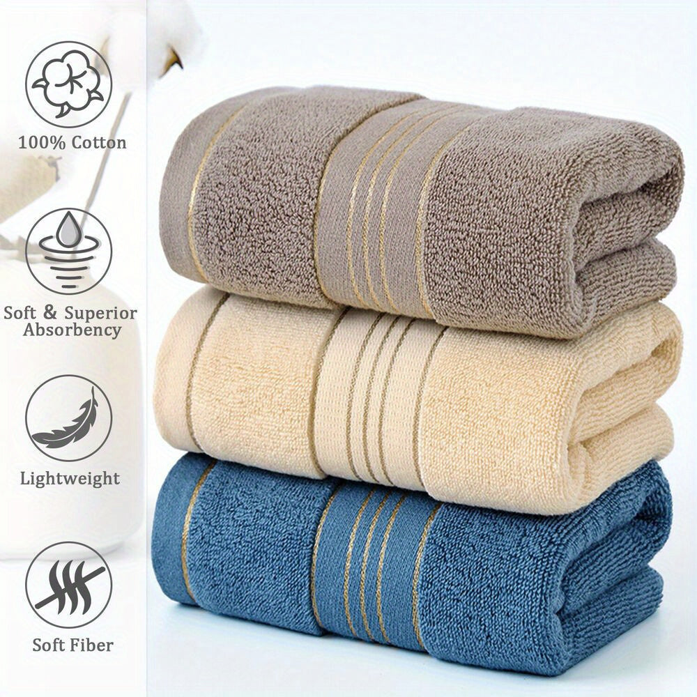Cotton Hand Towel in Striped 100% Cotton, Single 28.35 x 12.6 Inch Bathroom Towel with Random-Color Hook and Beige, Blue or Khaki Options for Daily Hand Drying