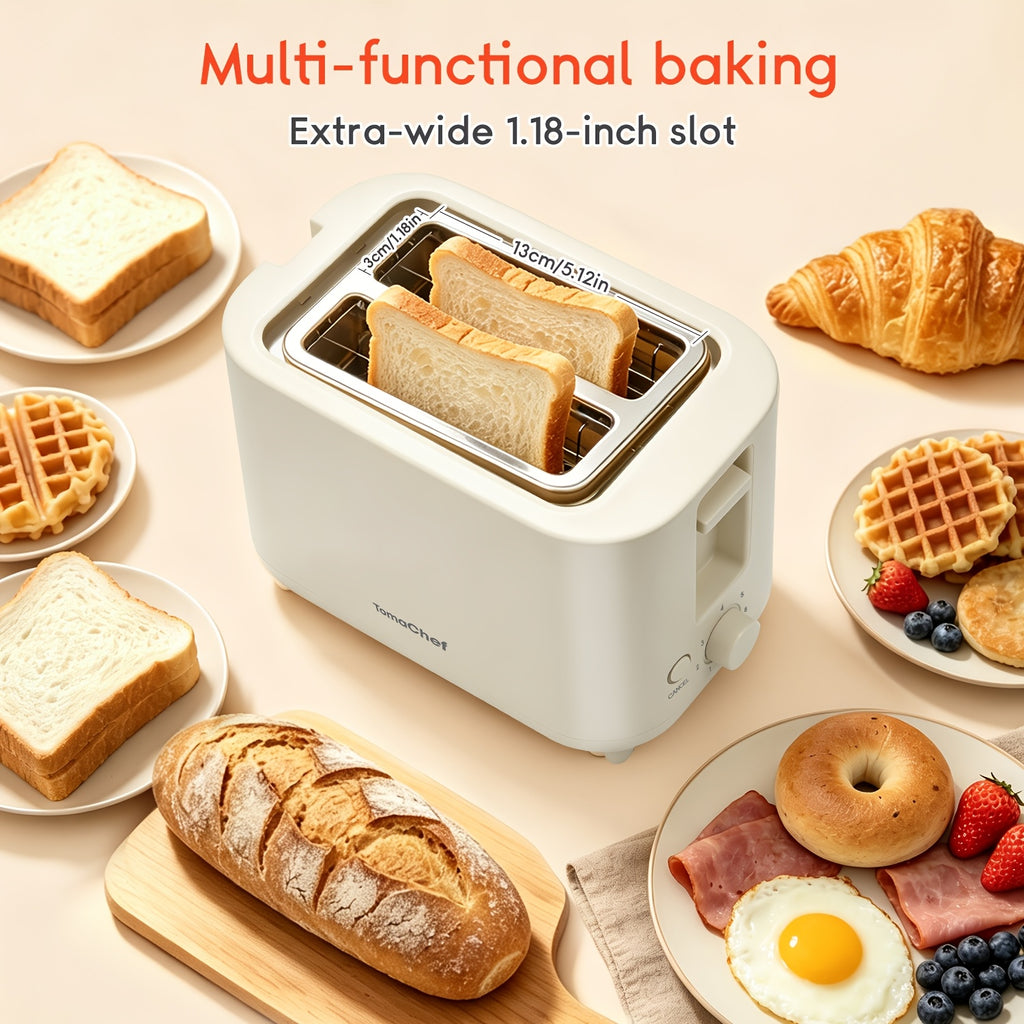 Compact 2 Slice Toaster by TomaChef, 700W with 7 Browning Settings and Removable Crumb Tray for Bread, Bagels and Waffles, Pitch-Black or Off-White