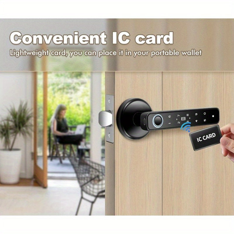 5-in-1 Fingerprint Door Knob Lock with Keypad and Smart Life Access, Two IC Cards and Two Keys, Single-Row or Double-Row Options for Compatible Interior Doors