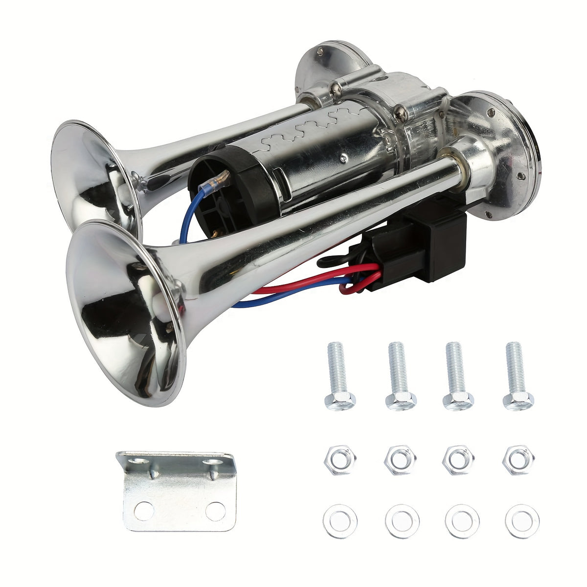 Double Tube Air Horn with Compressor and Mounting Bracket References, Listed Aluminum Alloy Vehicle Accessory in 24V Dual-Color or Silvery Options