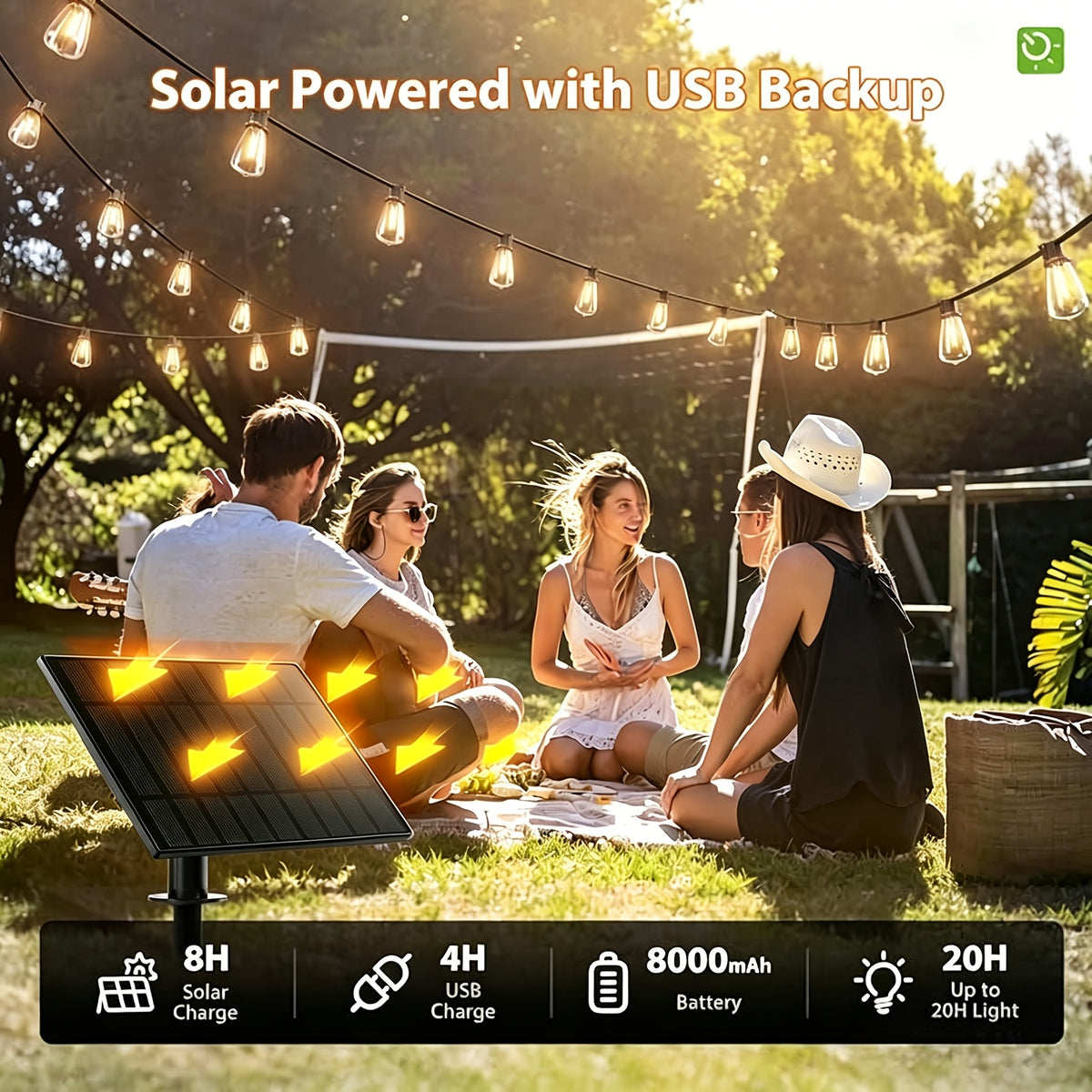 ST38 Solar Patio String Lights with Listed 2700K Warm Light and E12 Base, 100 to 200ft Length Options for Garden, Courtyard and Party Backdrop Decoration