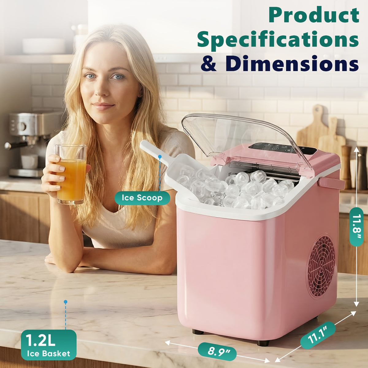 White Bullet Ice Maker with Carry Handle, Self-Cleaning Function, Ice Scoop and Basket, Listed Nine-Cube Six-Minute Cycle for Kitchen, Office and Party Drinks