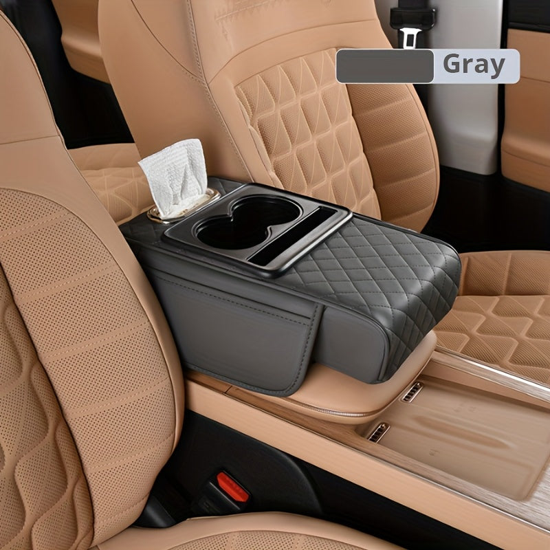 Car Armrest Storage Cover in PU Leather with Two Side Pockets and Two Cup Holders, Center Console Organizer with Tissue Bundle and Refill Options