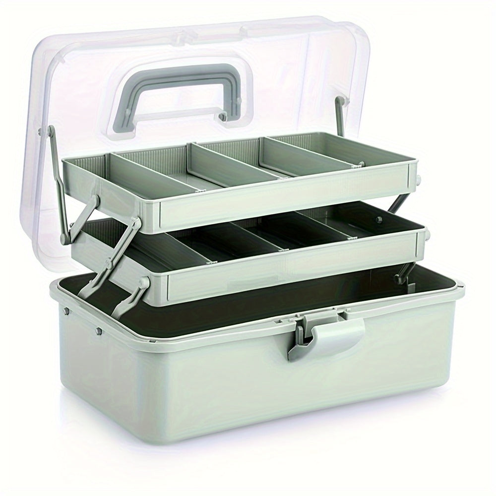 Folding Craft Storage Box with Listed Three-Layer Adjustable Design and Transparent Lid, Portable Organizer for Sewing Tools, Art Supplies and Scrapbooking Materials
