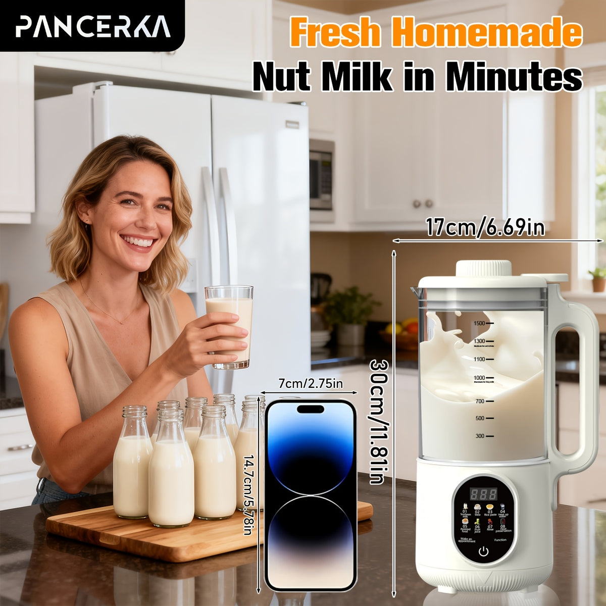 One-Touch Nut Milk Maker by PANCERKA, White A Automatic Countertop Blender for Compatible Almond, Oat, Soy and Coconut Beverage Recipes and Kitchen Preparation