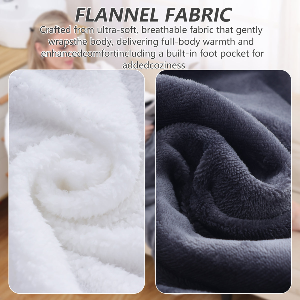 Wearable Heated Blanket by ThermoNest, Long Grey Flannel Throw with Sleeves and Foot Pocket, 6 Heat Levels and 1–12 Hour Auto-Off for Indoor Lounging