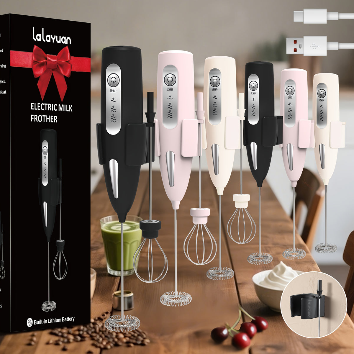 Electric Milk Frother with Three Speeds and USB Rechargeable Design, Four Color Labels with Foam Head or Egg and Frother Head Options for Home Coffee Preparation