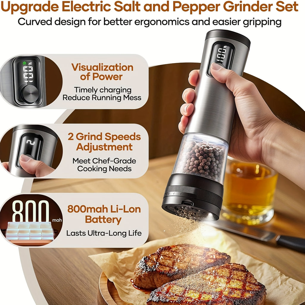 Rechargeable Salt and Pepper Grinder with Adjustable Coarseness and LED Display, 3-in-1 Silvery Black or 6.76oz Double Barrel Options for Kitchen Seasoning