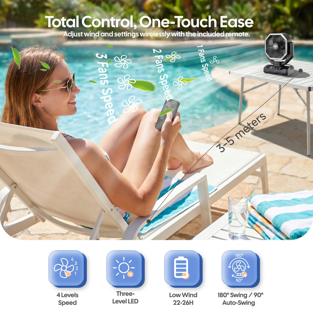 Battery Powered Camping Fan with 20000mAh Rechargeable Battery, Dual Auto Swing, 4 Speeds, 3-Level LED Light, 8-Hour Timer and Hanging Hook for Tents and RV Trips