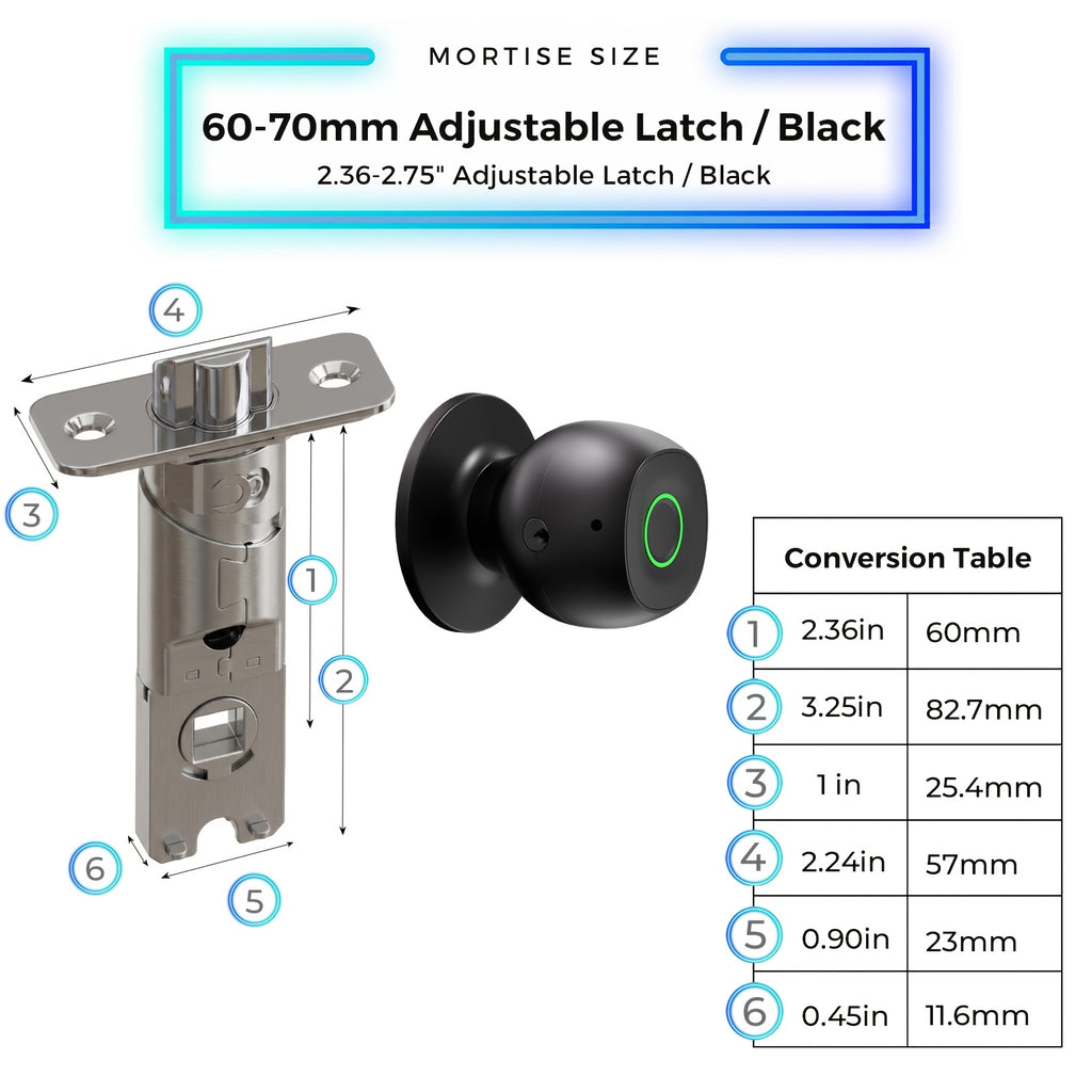 Biometric Smart Door Knob Lock in Black with Fingerprint Entry, App-Controlled Wireless Connection and Physical Key Access for Compatible Bedroom, Home and Office Doors