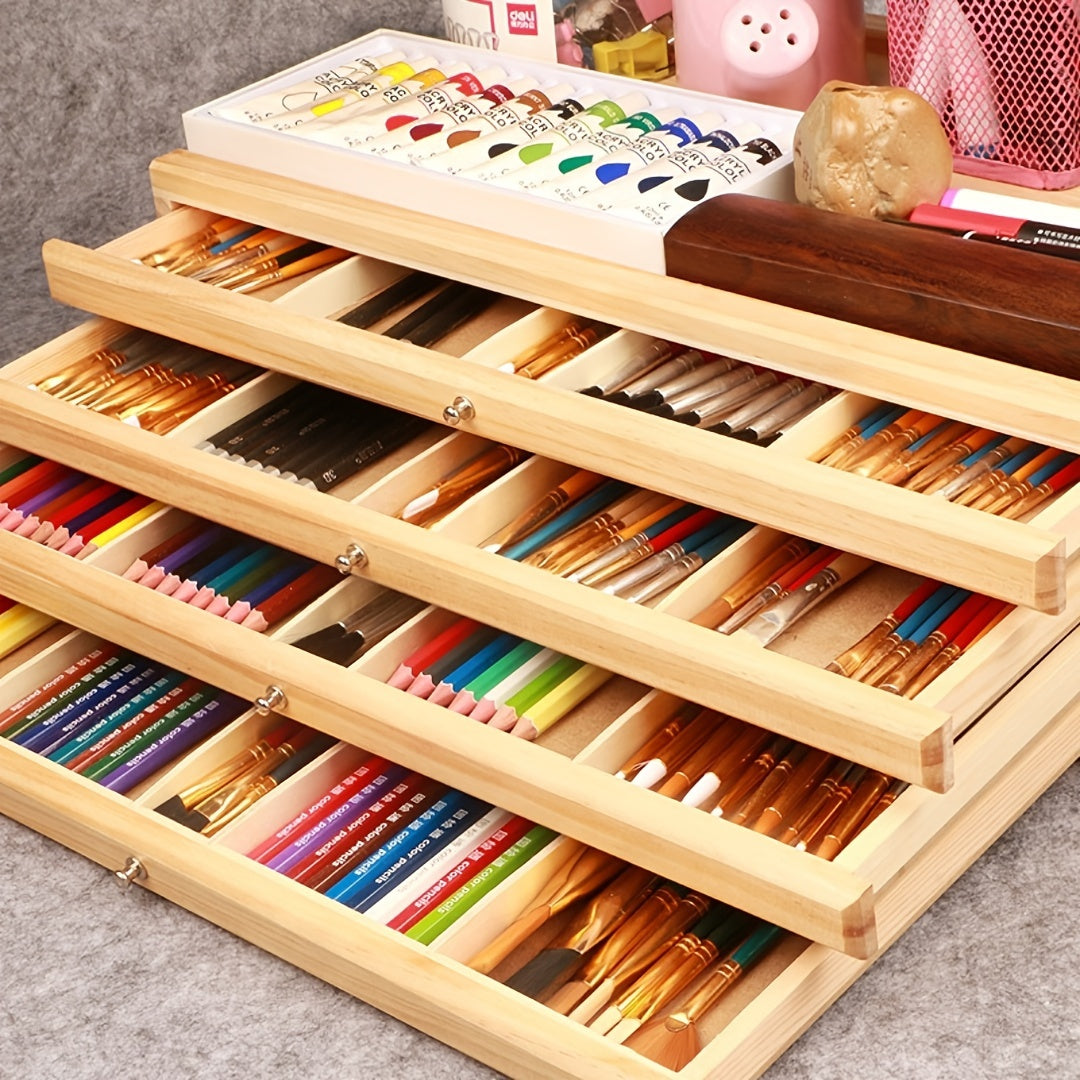 Tiered Wooden Art Supply Organizer with Four or Six Tier Options, Expandable Artist Storage Box for Pencils, Markers, Brushes and Creative Desk Organization