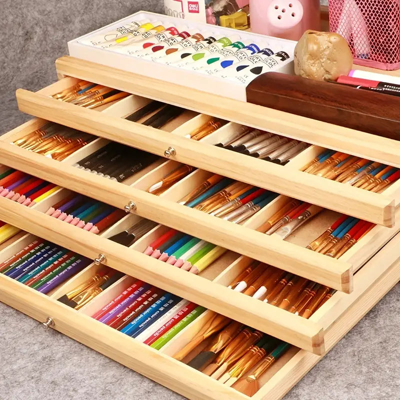 Tiered Wooden Art Supply Organizer with Four or Six Tier Options, Expandable Artist Storage Box for Pencils, Markers, Brushes and Creative Desk Organization