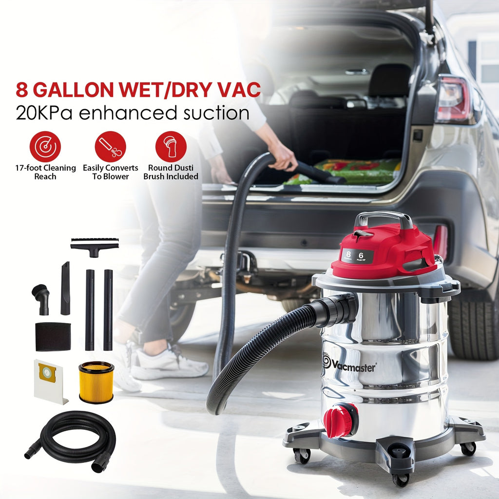 Shop Vac Stainless Steel Wet Dry Vacuum 5 Gallon/8 Gallon, 16KPa/20KPa Powerful Suction with Blower, 90/103 CFM and 10ft Power Cord for Dog Hair, Garage, Car Detailing, Home, Workshop and Job Site Cleanup