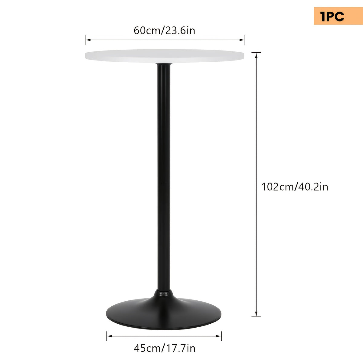 Round Bar Table with Listed 23.5-Inch Diameter Top, Modern Cocktail Furniture in Black or White with Separate Adjustable and Two-Piece Black Options for Small Spaces