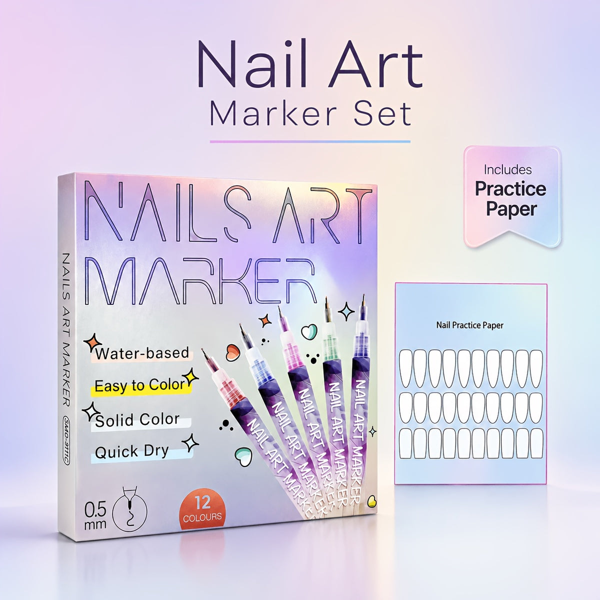 12-Color Nail Doodle Pen Set with Nail Art Practice Card, Quick-Drying Manicure Markers for Decorative Dots, Lines and Freehand Designs at Home or Salon