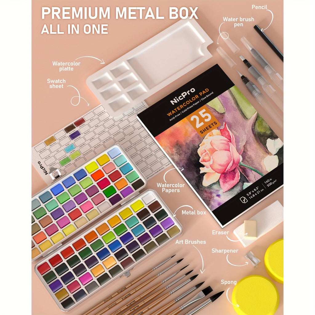 Watercolor Paint Starter Set, 100, 128 or 168 Color Options with Metallic, Macaron and Fluorescent Shades, Brushes, Watercolor Paper and Palette