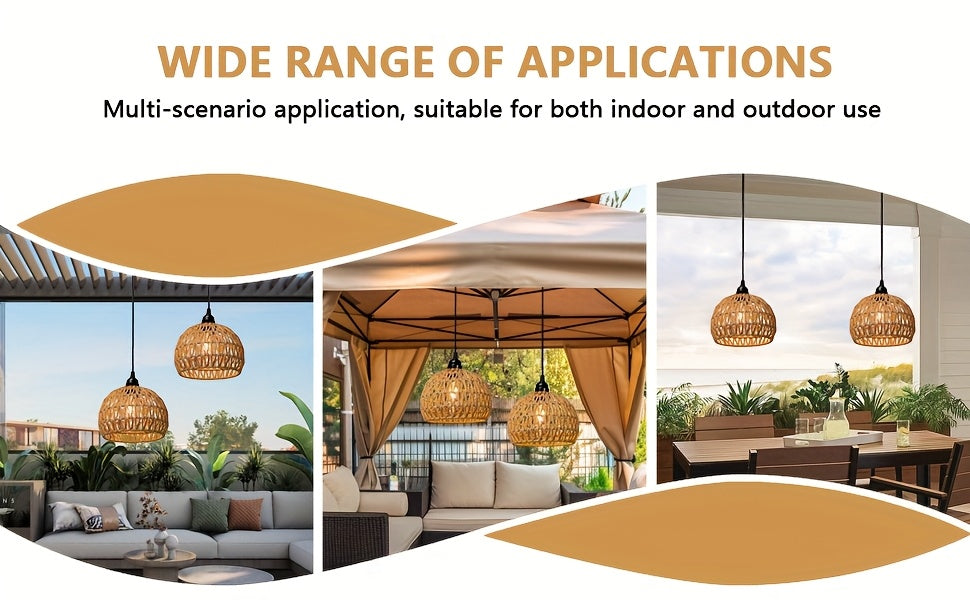 Battery Pendant Lights in a Two-Piece Woven Rattan-Style Set with Remote Control, Dimmable Warm White LED and Timer for Decorative Hanging Displays