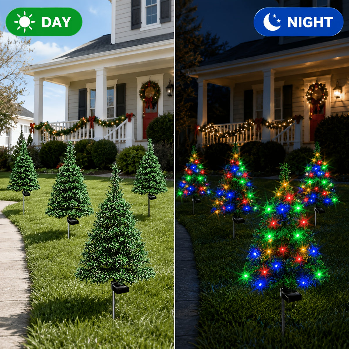Solar Christmas Tree Lights with Listed IP65 Rating, Plastic Outdoor Holiday Decorations in One, Two or Four-Piece Options for Lawns, Terraces and Balconies