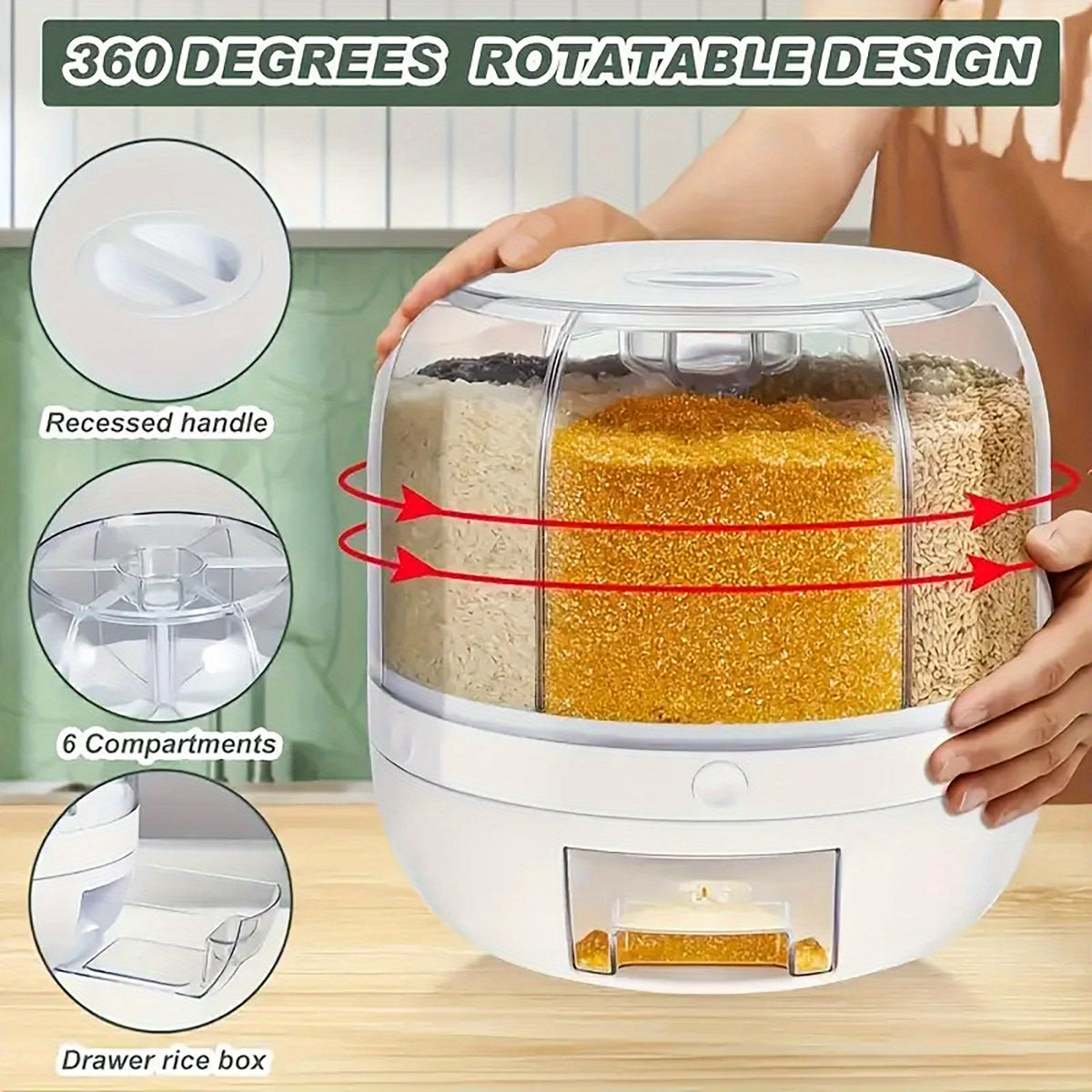 Rotating Rice Dispenser with Push-Button Release, Listed 22-Pound Capacity and 360-Degree Swivel Design for Kitchen Rice and Dry Grain Storage