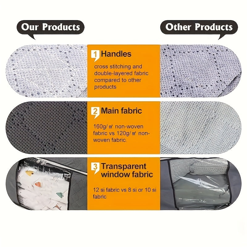 Foldable Bedding Storage Bags with Zipper Lids and Reinforced Handles, Grey Non-Woven Clothing Organizers in 2 or 4 Piece Packs for Seasonal Closet Storage