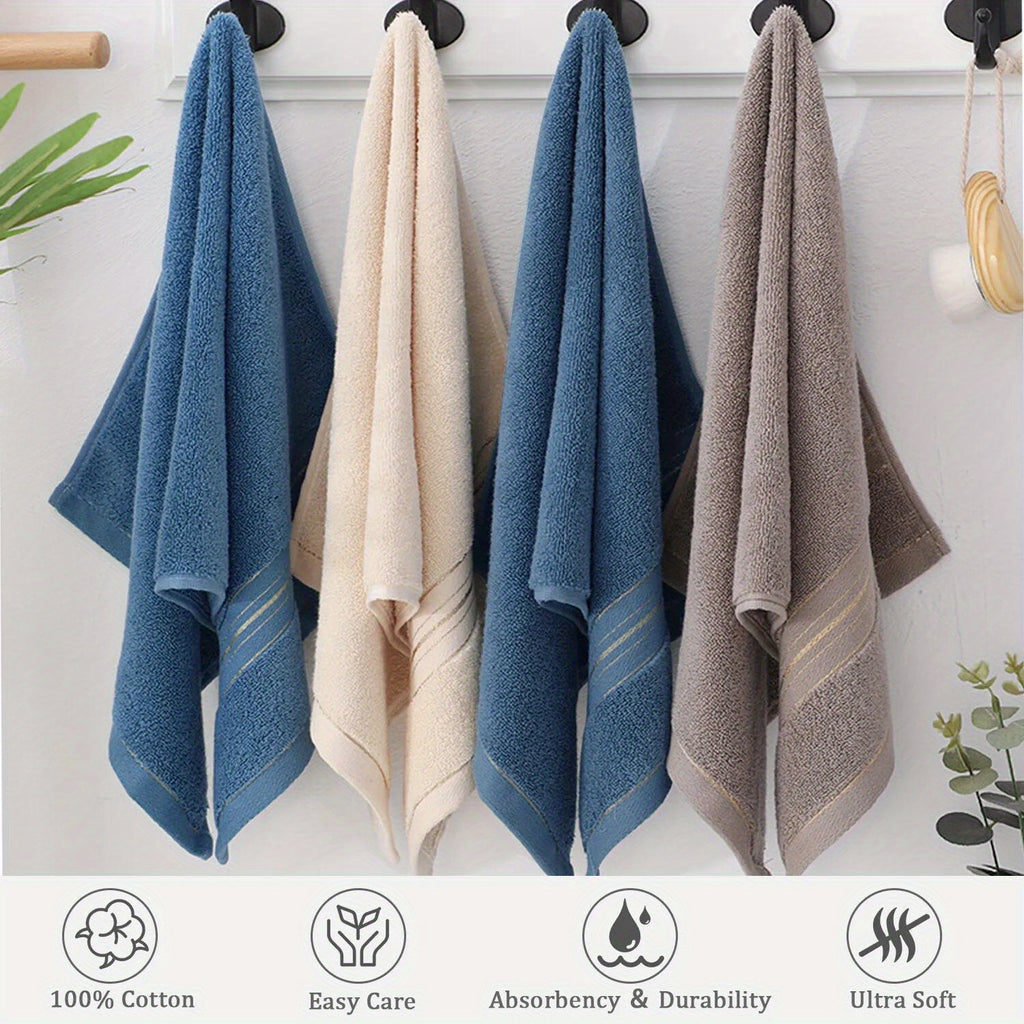 Cotton Hand Towel in Striped 100% Cotton, Single 28.35 x 12.6 Inch Bathroom Towel with Random-Color Hook and Beige, Blue or Khaki Options for Daily Hand Drying