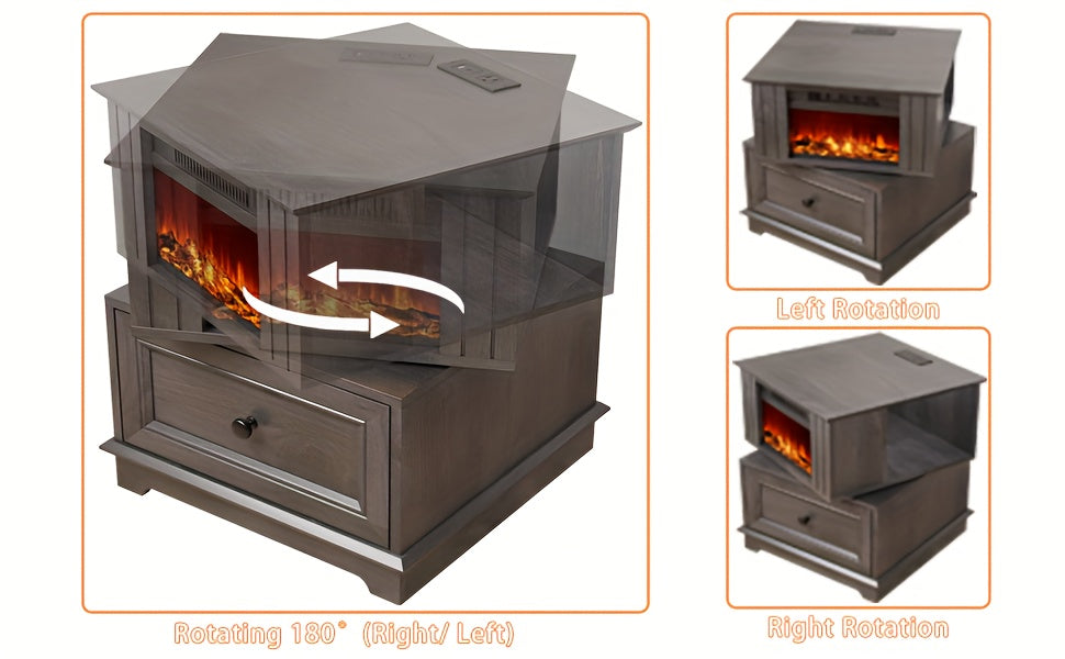 Electric Fireplace End Table with Listed 180-Degree Rotation and 13-Inch Screen, Storage and Charging Station, Six Finish Choices for Living Room Layouts