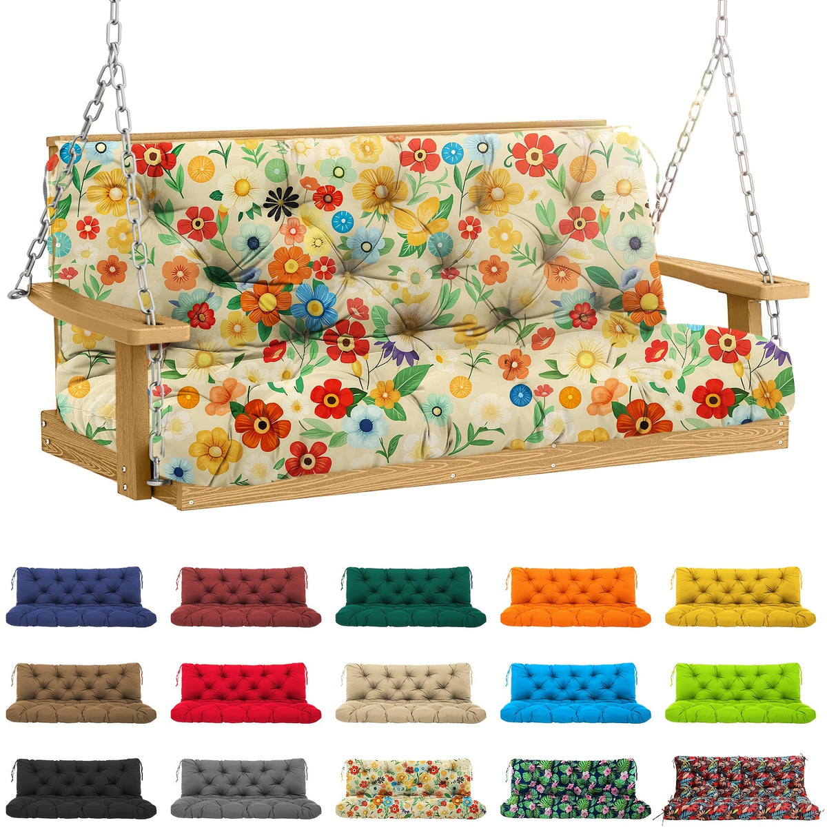 Porch Swing Replacement Cushion with Backrest and Ties, Listed 5-Inch Thickness, 48 or 60-Inch Size Labels and Five Color Choices for Patio Bench Seating
