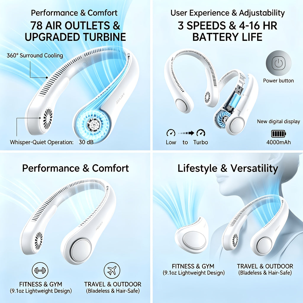 Three-Speed Neck Fan JISULIFE with 78 Air Outlets, 4000mAh Rechargeable Battery and Hands-Free Bladeless Design for Travel, Office and Summer Events