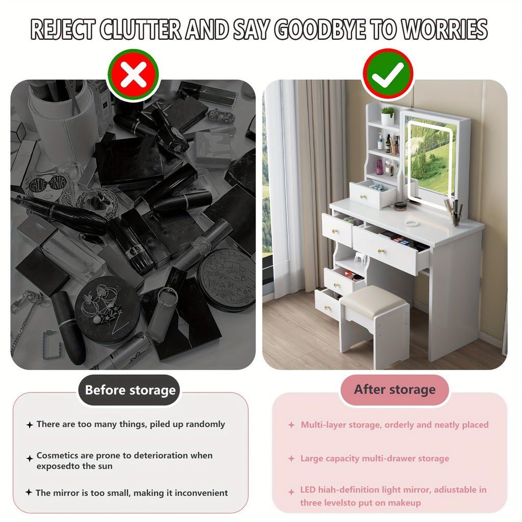 Makeup Vanity with Lighted Mirror, White Dressing Table Set with 5 Drawers, Stool and Open Shelves, 3 Light Settings and Adjustable Brightness