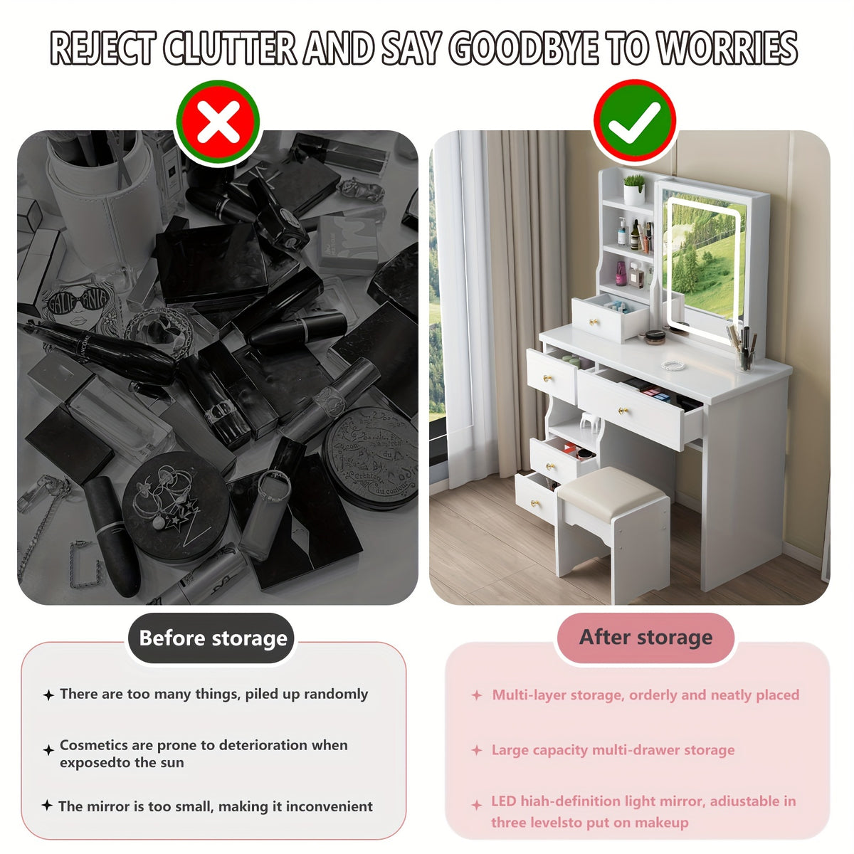 Makeup Vanity with Lighted Mirror, White Dressing Table Set with 5 Drawers, Stool and Open Shelves, 3 Light Settings and Adjustable Brightness