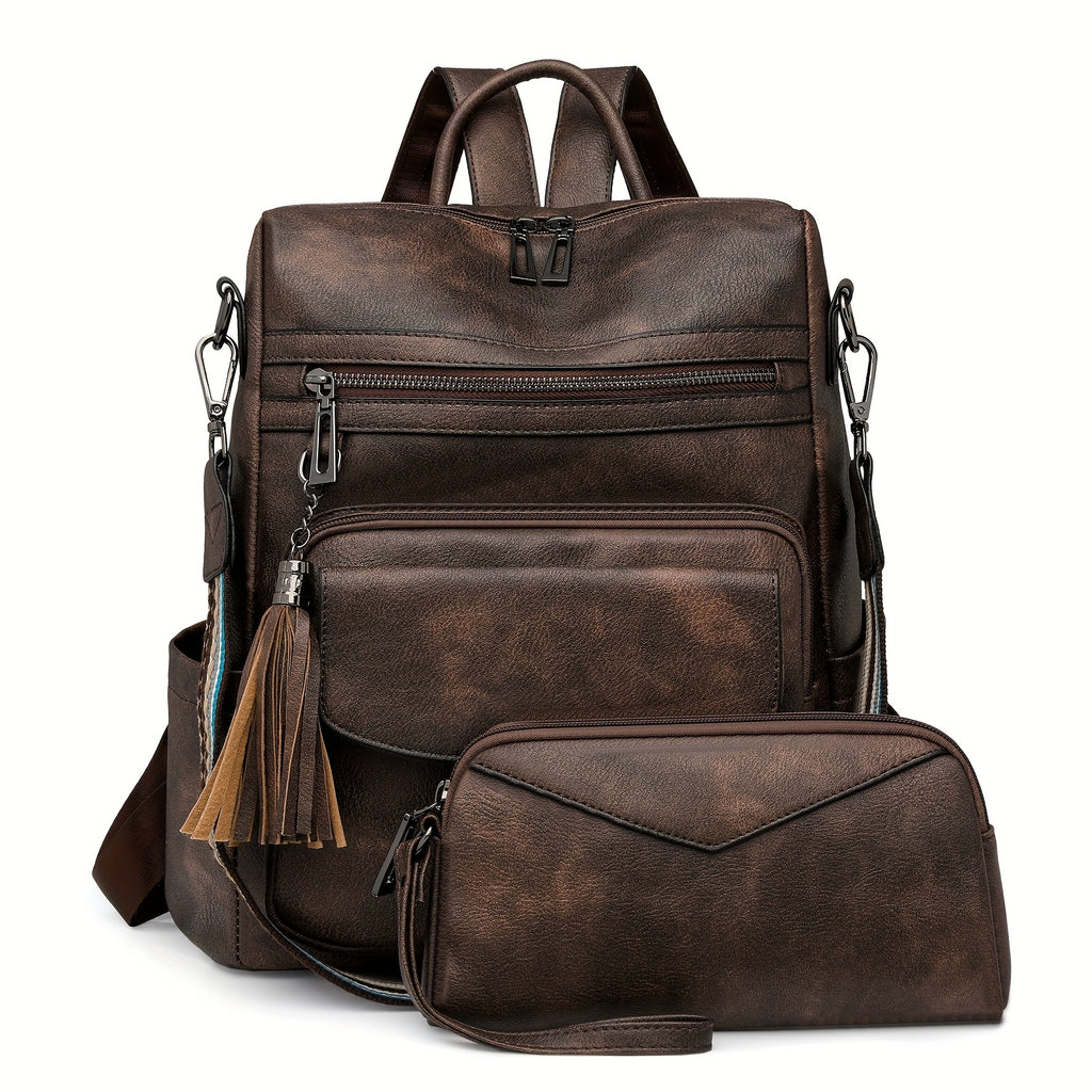 Tassel Backpack Purse for Women, Fashion Shoulder and Travel Bag with Five Listed Style Options Including Two-Tone Colors and Brown Leopard Print
