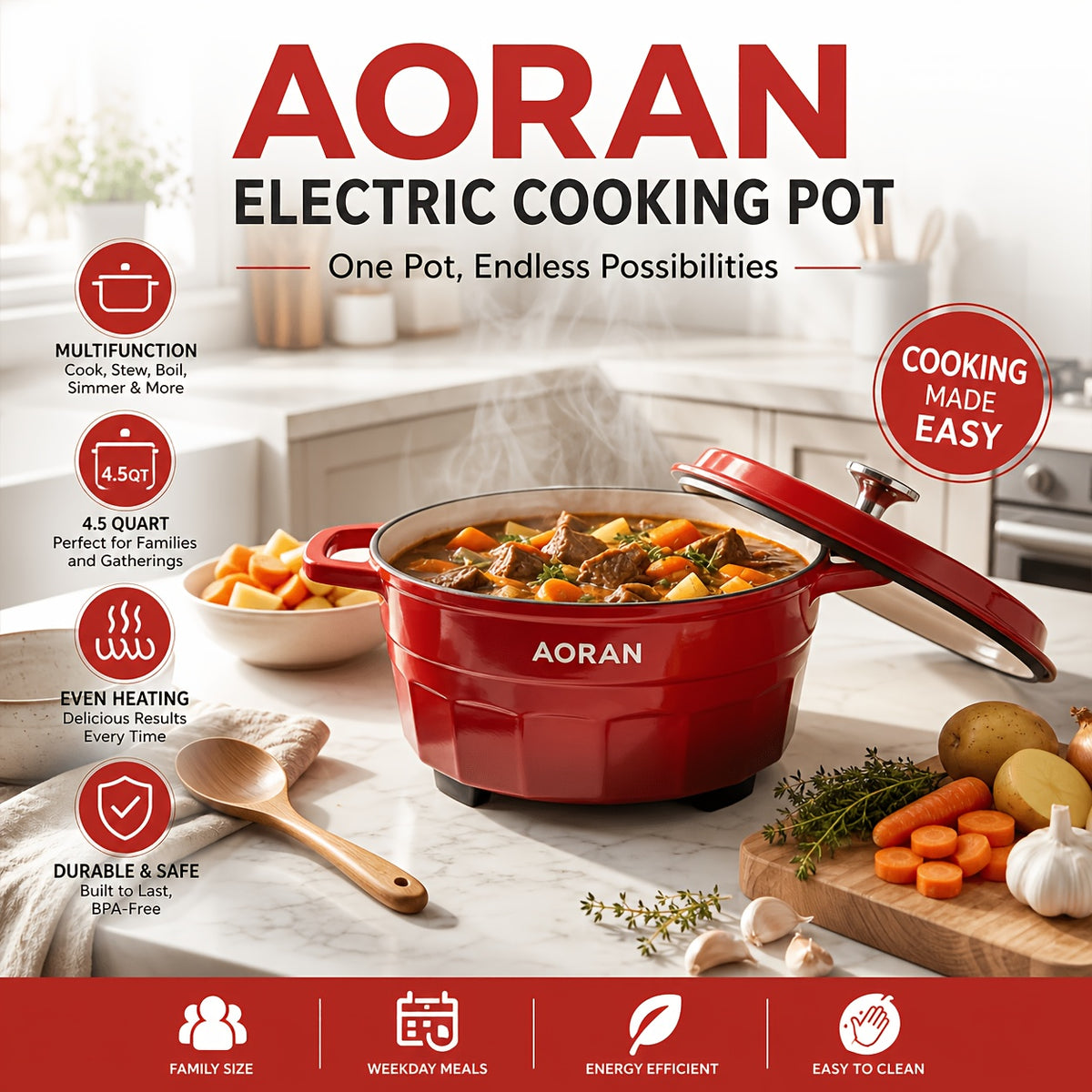 Square Mini Electric Cooking Pot with Listed 8-Inch Size, Nonstick Speckled Coating and Glass Lid, Regular, Upgraded Utensil Bundle and Red Enamel Model Labels