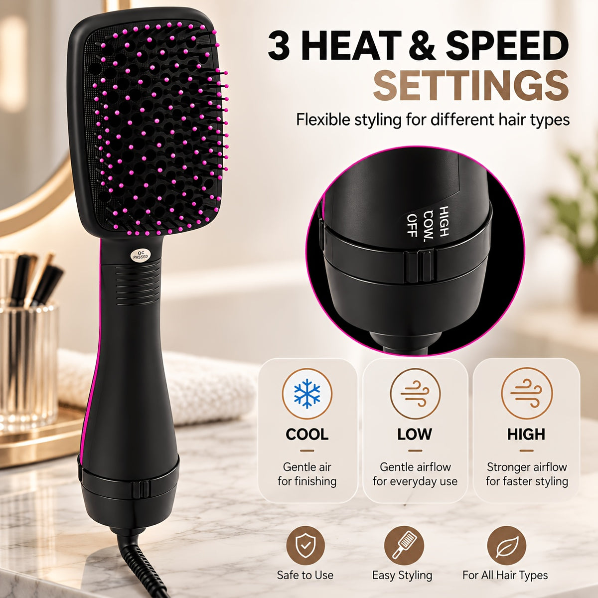 4-in-1 Hair Straightener Brush for Straightening, Curling, Volumizing and Drying, One-Step Blowout Styler with 2 Hair Clips and Rat-Tail Comb