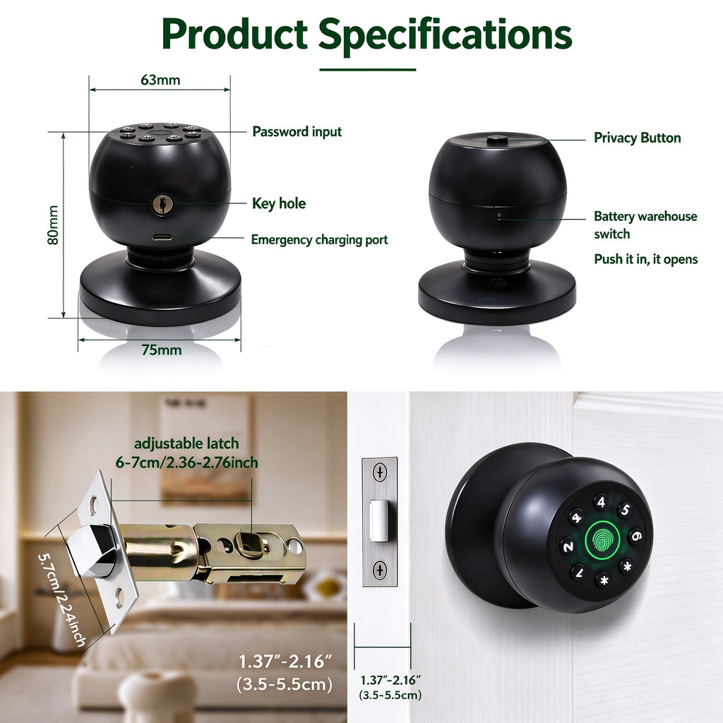 Matte Black Fingerprint Door Knob with Keypad, App Control and Auto Lock, Biometric Code Entry for Compatible Bedroom, Home and Office Doors