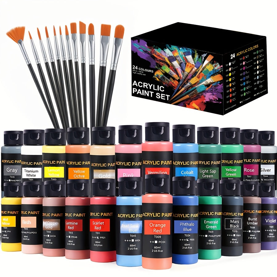 Beginner Acrylic Paint Set with 24 Colors and 12 Art Brushes, Listed 2.03 oz Option for Canvas Painting, Decorative Ceramic Projects and Fabric Crafts