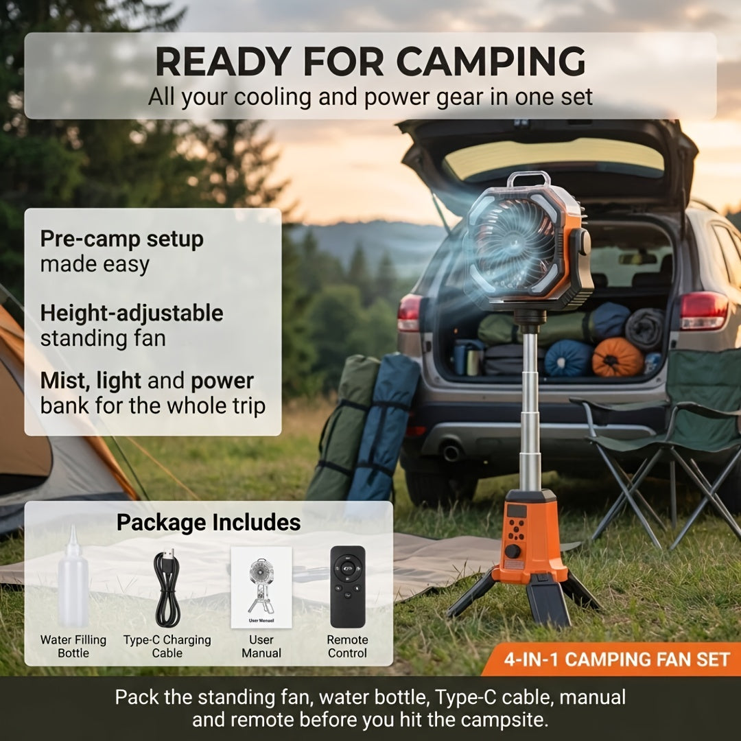 TAZTIR Camping Fan with Listed 20000mAh Battery, Basic or Mist Models in Black or Orange and a Mist+Scalable Option for Tent and Campsite Airflow