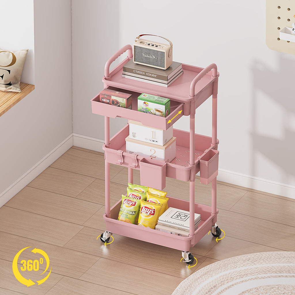 Three-Tier Rolling Storage Cart with Drawer, Plastic Organizer with Lockable Wheels, Listed Cup Holders and Hooks in Five Colors for Kitchen, Bathroom and Office