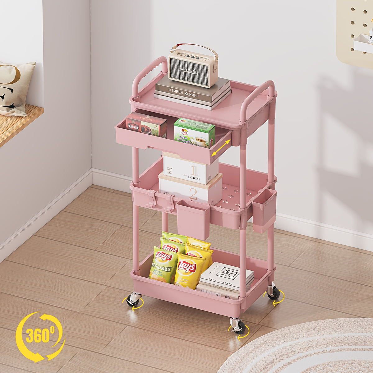 Three-Tier Rolling Storage Cart with Drawer, Plastic Organizer with Lockable Wheels, Listed Cup Holders and Hooks in Five Colors for Kitchen, Bathroom and Office