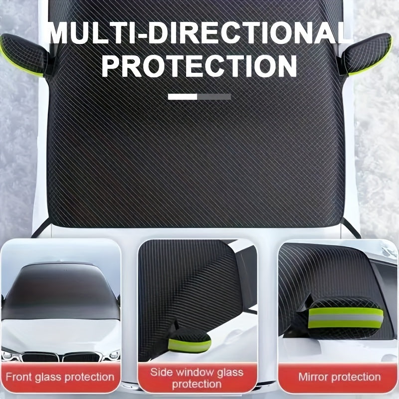 Oxford Fabric Windshield Cover in Green Reflective Style, One-Piece Front Window Snow and Sun Protector for Compatible Parked Cars, SUVs and Trucks