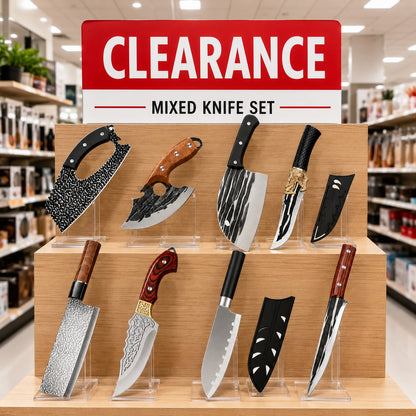 Assorted Cooking Knife Selection with Listed Protective Sheaths, Model A-H Options for Home Kitchen Food Preparation, BBQ and Outdoor Meal Prep