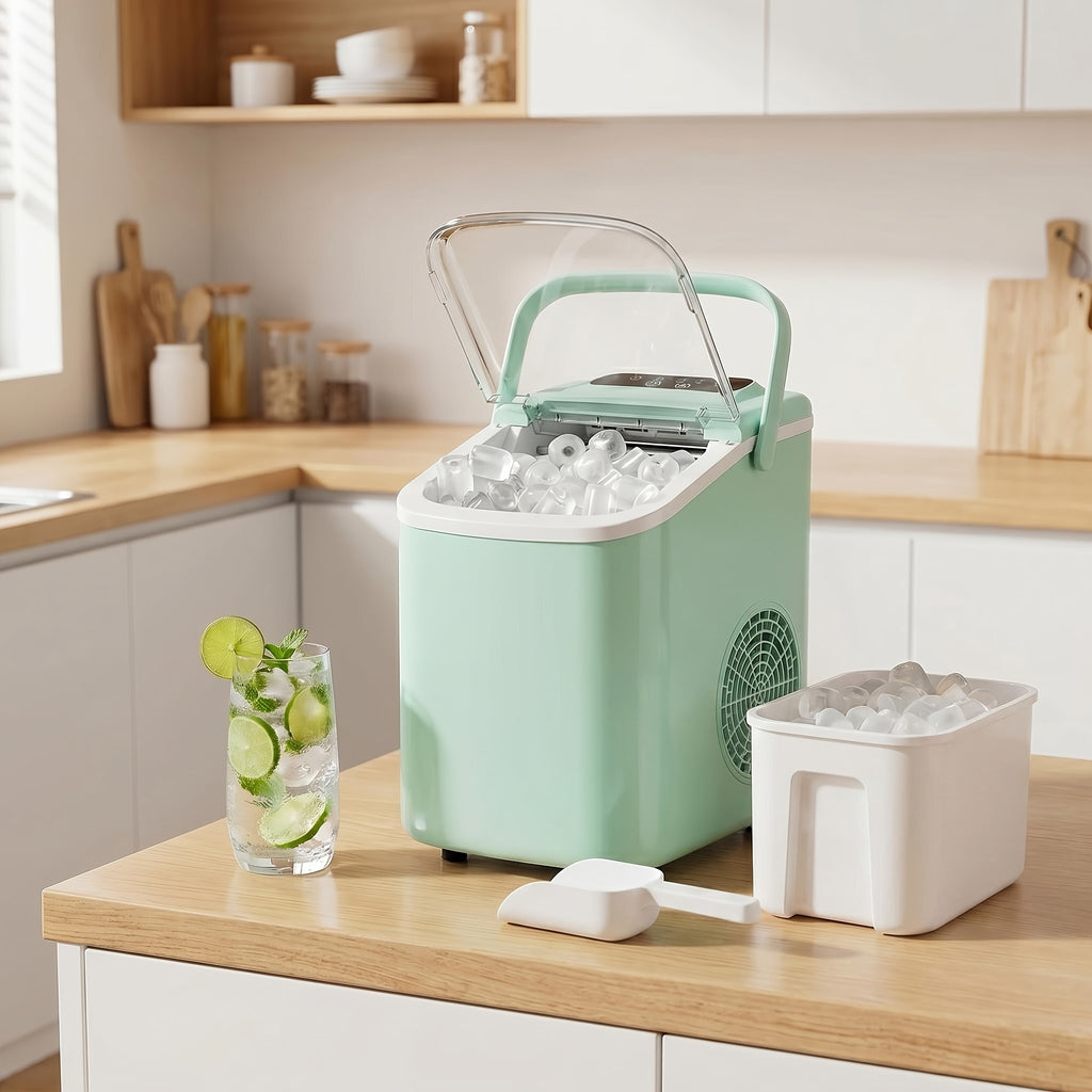 Carry-Handle Ice Maker with Basket and Scoop, Listed 26lb Daily Output and Nine Bullet Cubes in 6–8 Minutes, Black or White 40.58oz-Labeled Options