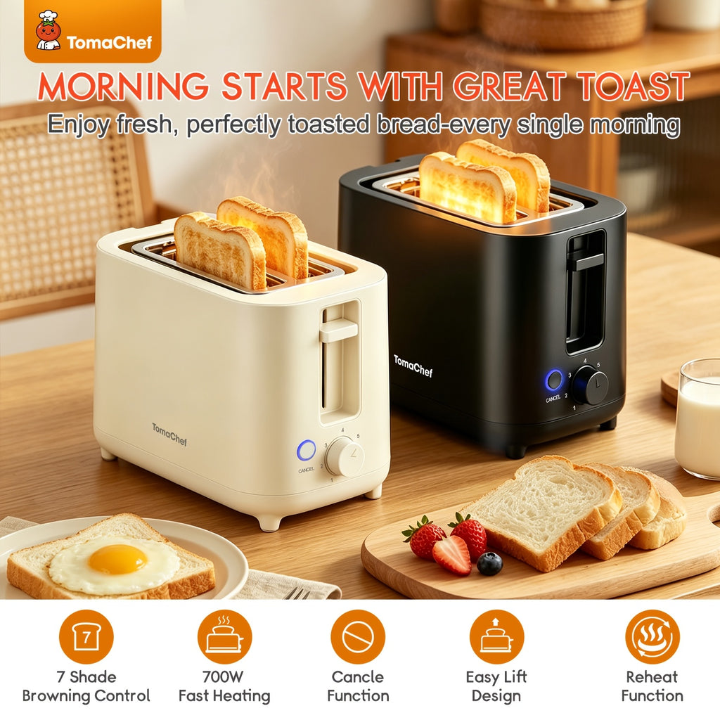 Compact 2 Slice Toaster by TomaChef, 700W with 7 Browning Settings and Removable Crumb Tray for Bread, Bagels and Waffles, Pitch-Black or Off-White