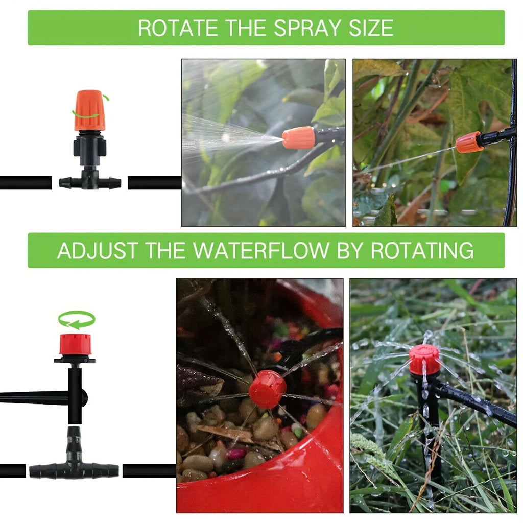 Drip Irrigation Kit with Adjustable Drippers and Spray Nozzle References, Flexible Vinyl Hose in 65ft and 100ft Options for Garden Beds and Patio Plants