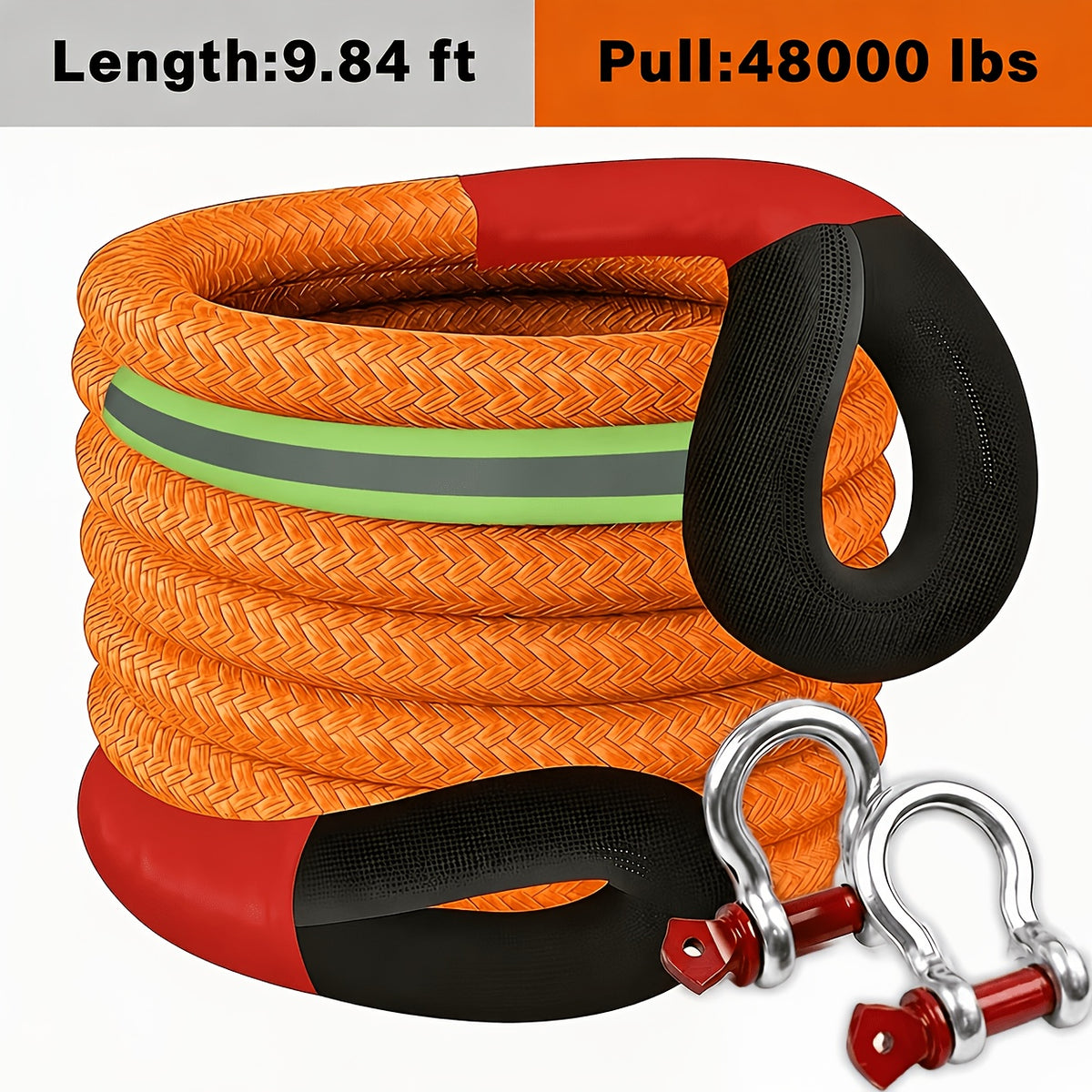 Polyester Recovery Tow Strap in Multiple Length Options, Static Vehicle Strap with Listed D-Ring Shackles, Reflective Flag and Storage Bag Accessories